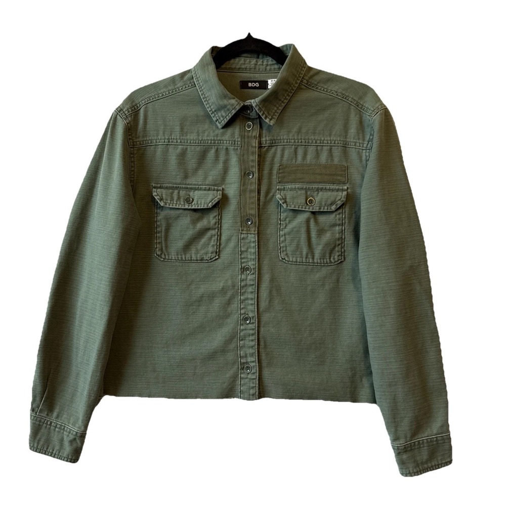 BDG Urban Outfitters Military Green Crop Button Canvas Raw Up Shirt M Gorpcore